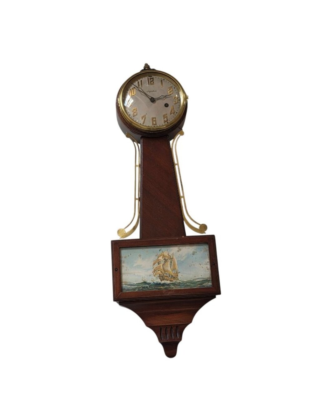 Vintage 1940s Wind-Up Ingreham Eight-Day Wall Clock - Sailboat Missing Key
